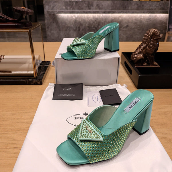 Prada 26S Open-Toe Crystal-Embellished Mules 100mm in Dark Green Satin