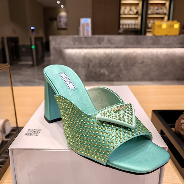 Prada 26S Open-Toe Crystal-Embellished Mules 100mm in Dark Green Satin