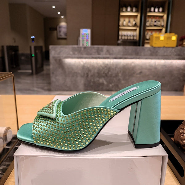 Prada 26S Open-Toe Crystal-Embellished Mules 100mm in Dark Green Satin