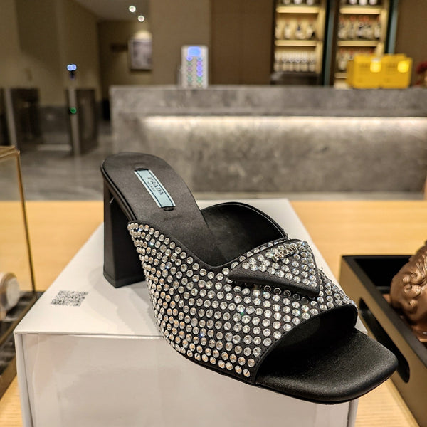 Prada 26S Open-Toe Crystal-Embellished Mules 100mm in Black Satin
