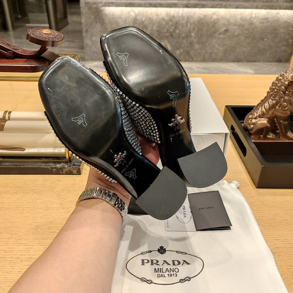 Prada 26S Open-Toe Crystal-Embellished Mules 100mm in Black Satin