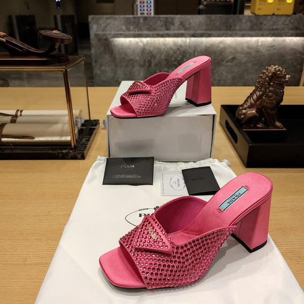 Prada 26S Open-Toe Crystal-Embellished Mules 100mm in Fuchsia Pink Satin