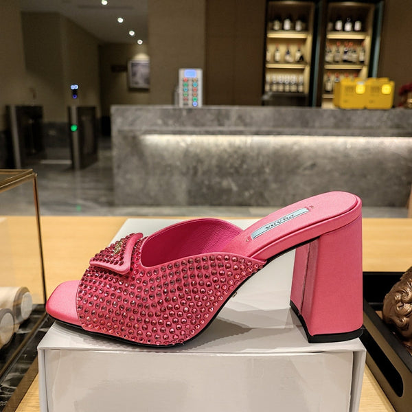 Prada 26S Open-Toe Crystal-Embellished Mules 100mm in Fuchsia Pink Satin