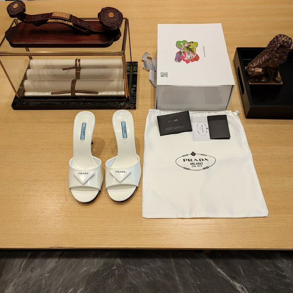 Prada 26S Open-Toe Mules 100mm in Ivory White Patent Calfskin with Logo