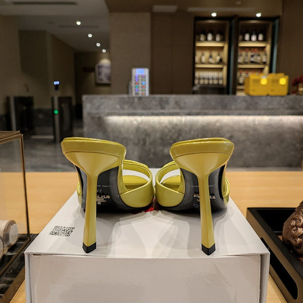 Prada 26S Open-Toe Mules 100mm in Lime Yellow Patent Calfskin with Logo