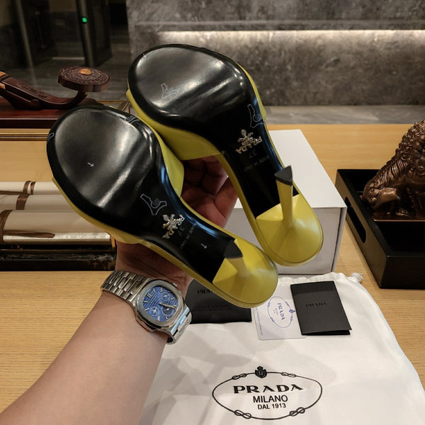 Prada 26S Open-Toe Mules 100mm in Lime Yellow Patent Calfskin with Logo