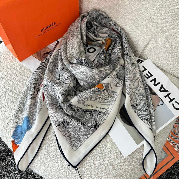 Retourala Nature Hermes Scarf 140 CM White Black Colorful Silk