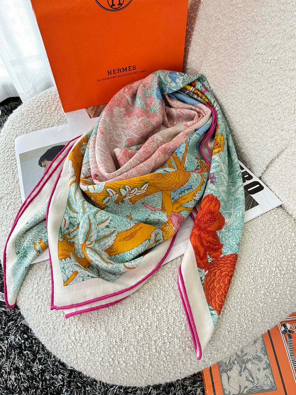 Retourala Nature Hermes Scarf 140 CM Turquoise Colorful Silk