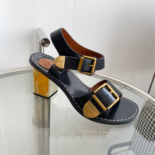 CHLOÉ REBECCA LOW HEELED SANDAL IN BLACK LAMBSKIN GOLD HARDWARE