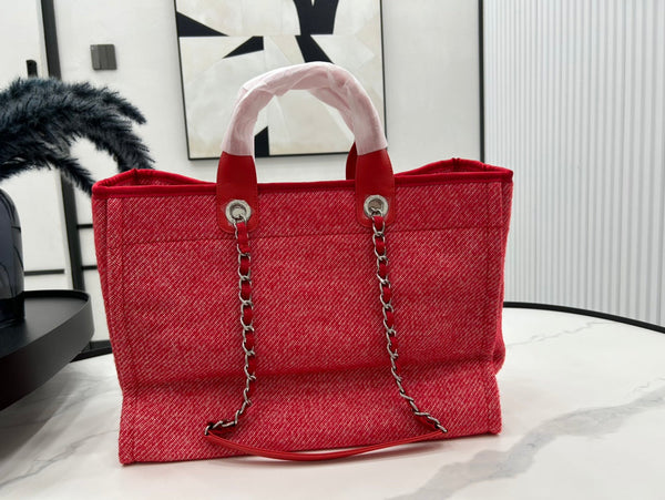 CC Deauville Tweed Bag Red Leather Silver Hardware 11