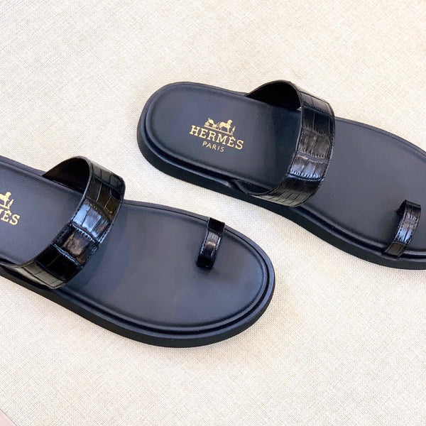 HM Men's Open-toe Sandals Black Rubber Sheepskin 561660