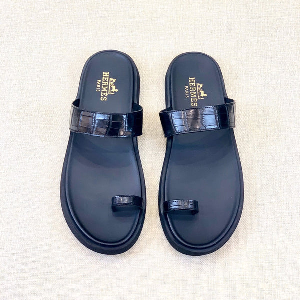 HM Men's Open-toe Sandals Black Rubber Sheepskin 561660