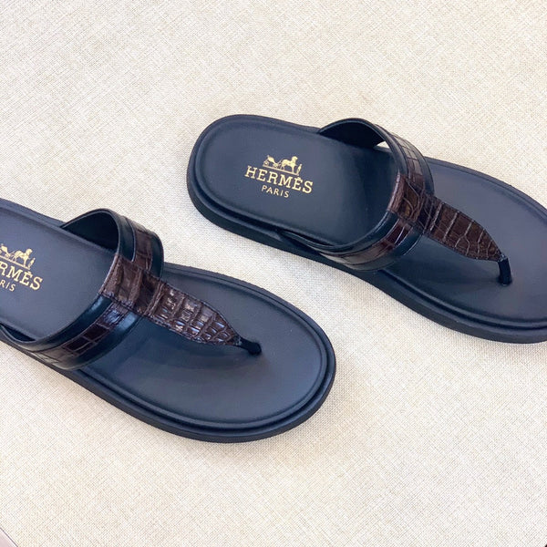 HM Men's Thong Sandals Brown Black Rubber Sheepskin 561666