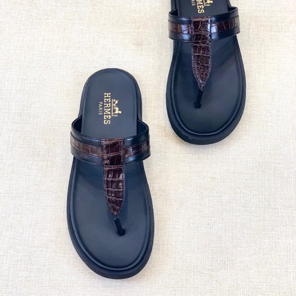 HM Men's Thong Sandals Brown Black Rubber Sheepskin 561666