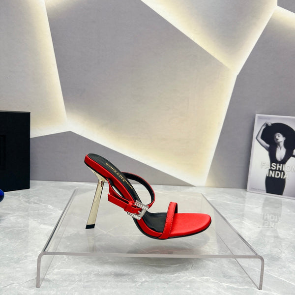 SL CRYSTAL BUCKLE HIGH HEELS RED SATIN