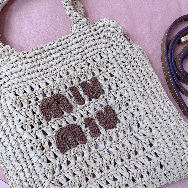 miu tote bag 22cm beige woven fabric