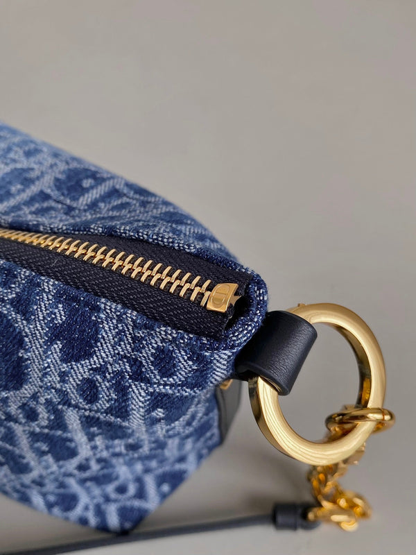 DIORSTAR 28 HOBO BAG WITH CHAIN BLUE DENIM OBLIQUE JACQUARD