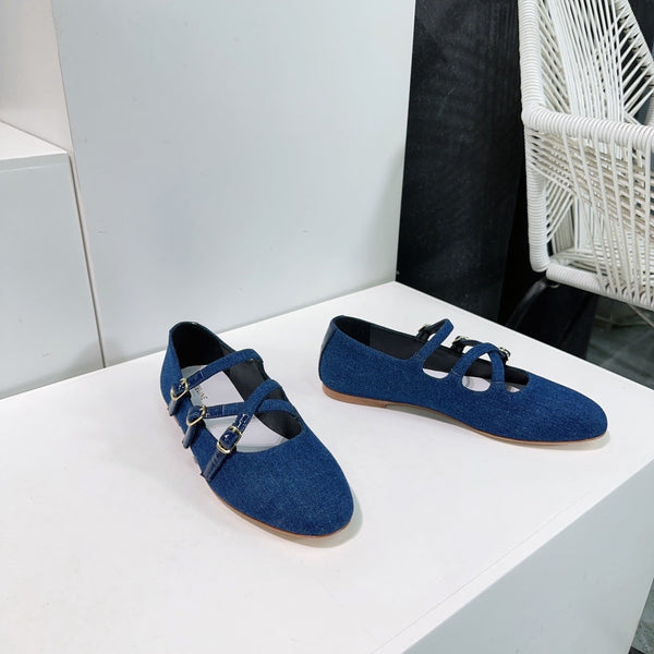 FLAT MARY JANE IN NAVY BLUE FABRIC
