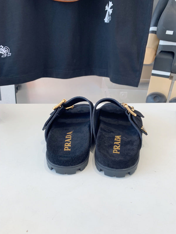 PRA STRAP SLIDES SANDALS BLACK SUEDE