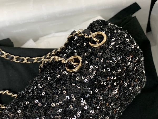 25C Flap Bag 20cm Black Polka Dot Silver Sequin Calfskin