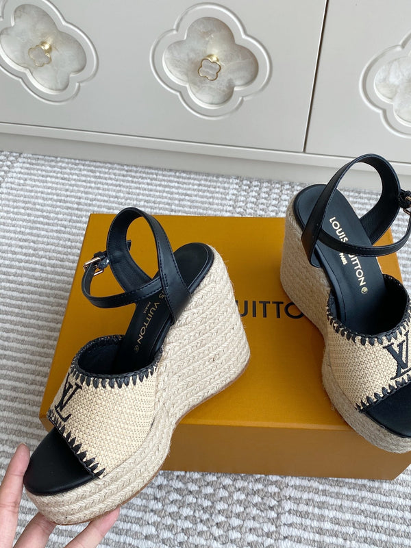 LV Beige·Raffia Straw Wedge Sandals 11.5cm Black Lining Leather 291586