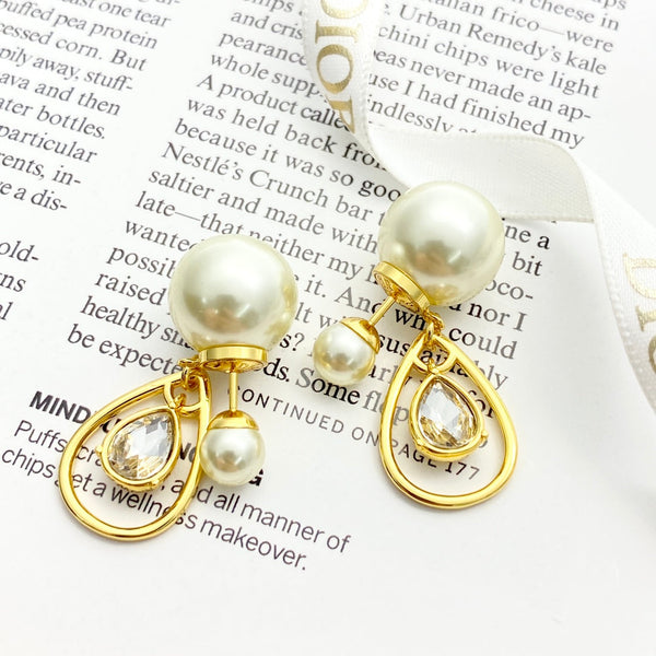CD 26S Pearl Teardrop Crystal Double Stud Earrings In Gold Metal 631769