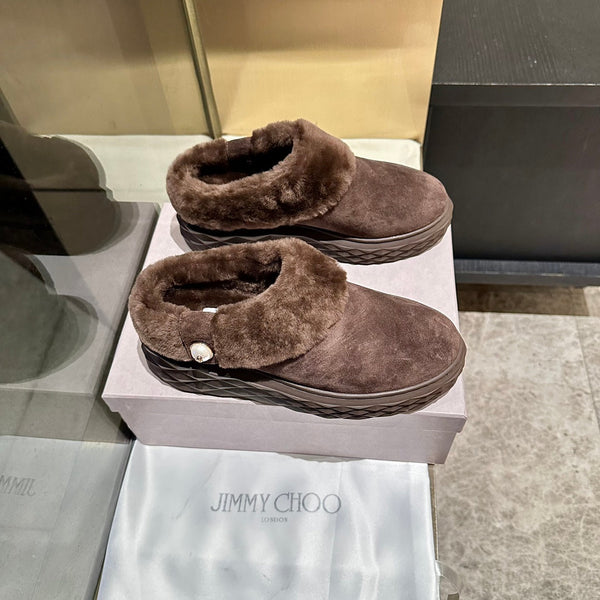 Jimmy Choo Flip Flops Dark Brown Suede Shearling Lining 538897