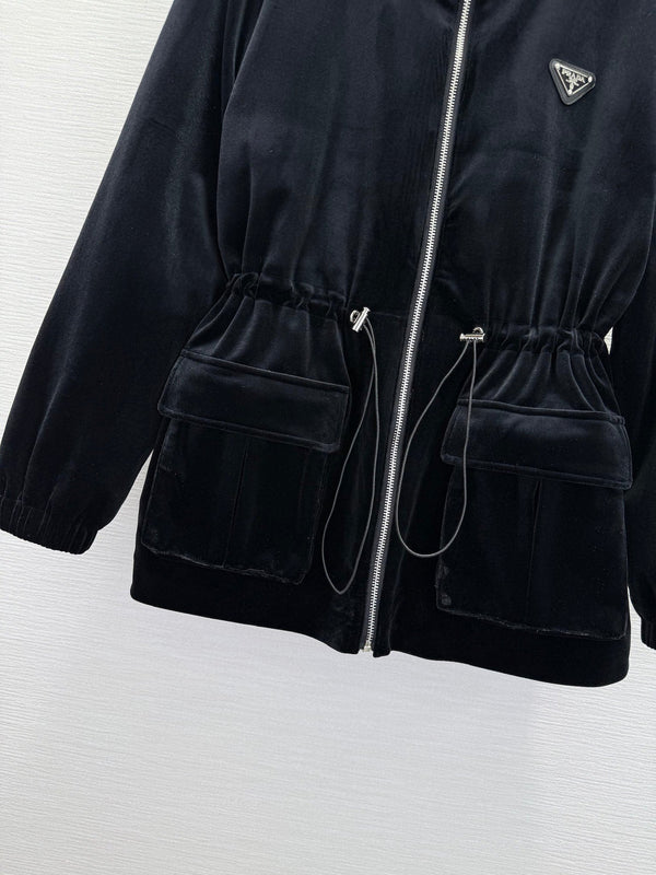 Prada 2025 Drawstring Waist Hooded Jacket Black Silk Velvet