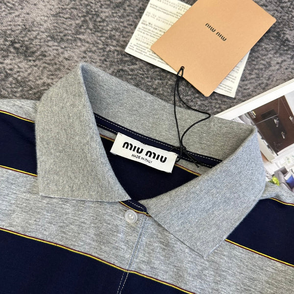 Miu SS26 Polo T-Shirt Striped Black Grey Cotton 350879