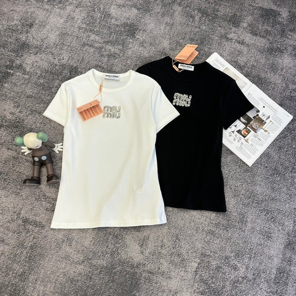 Miu SS26 Crystals Logo Embroidery T-shirt Cotton 350561