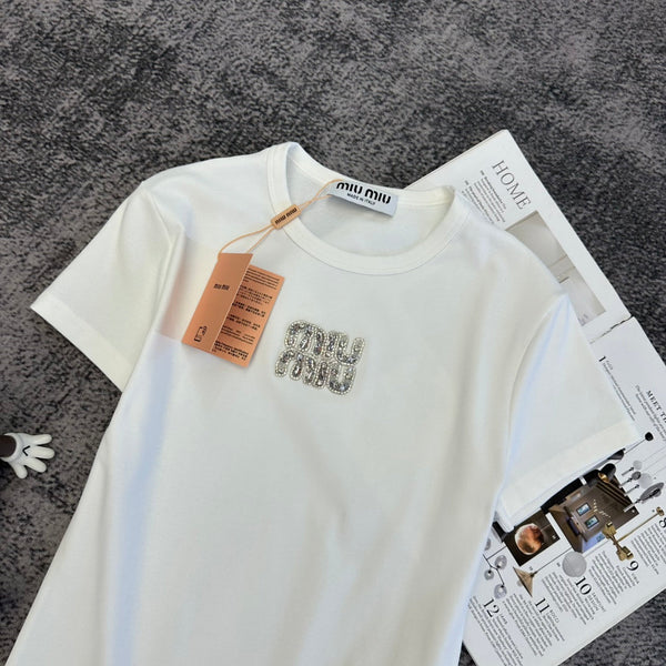 Miu SS26 Crystals Logo Embroidery T-shirt Cotton 350561