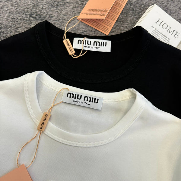 Miu SS26 Crystals Logo Embroidery T-shirt Cotton 350561