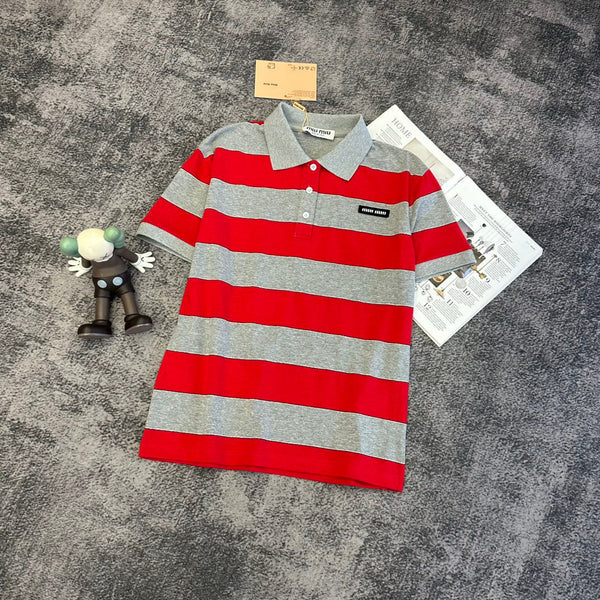 Miu SS26 Striped Jersey Polo Shirt Cotton 350620