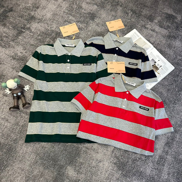 Miu SS26 Striped Jersey Polo Shirt Cotton 350620