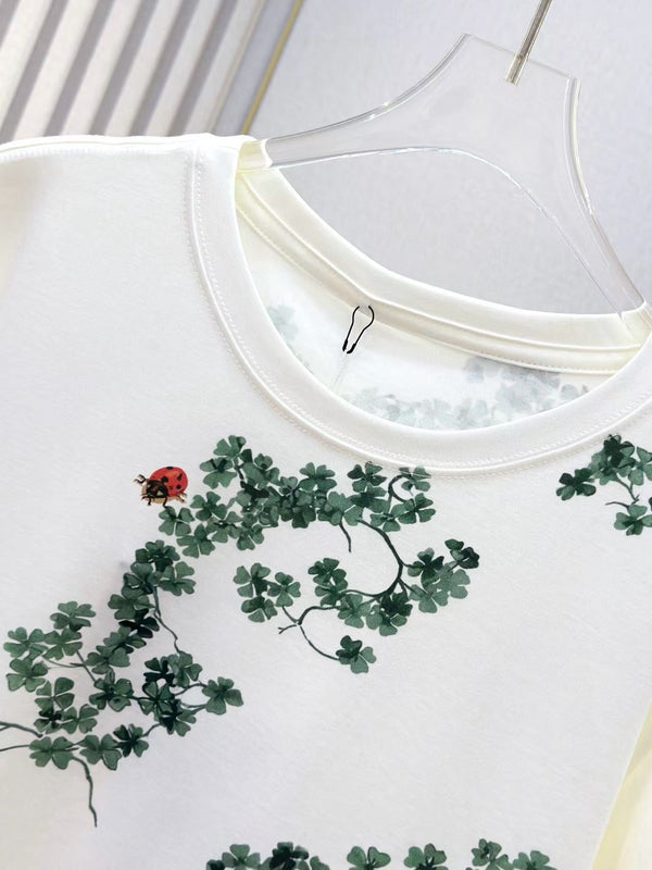 CD Fitted T-Shirt White Cotton Jersey with Green Toile de Jouy Clover Motif