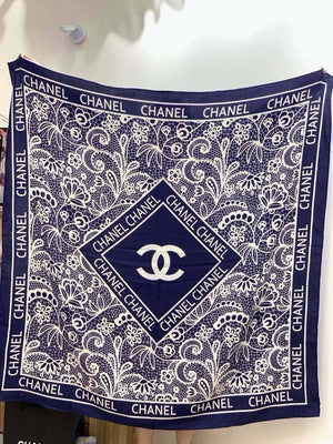 Chanel 2026 Lace Pattern Scarf 135cm Dark Blue Silk And Cashmere 213766