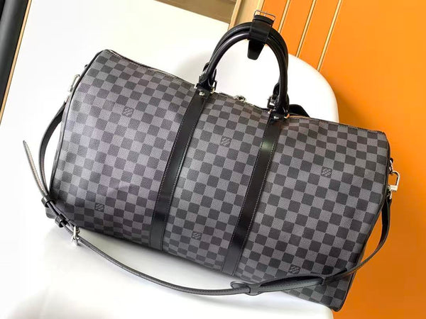 KEEPALL BANDOULIÈRE 45 IN BLACK DAMIER GRAPHITE CANVAS