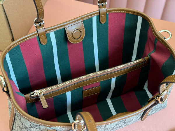 Gucci GG Emblem Small Tote Bag Beige Ebony Leather