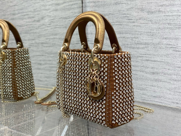 CD Lady 17 Brown metallic Canvas and Calfskin attached diamonds