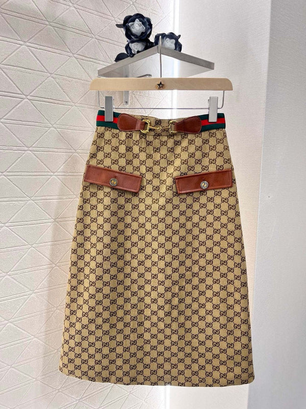 GG Mid-Length Skirt Canvas Brown Polyester Fiber