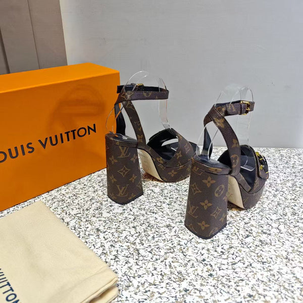 LV Shake Sandals 11cm High Block Heel Brown Monogram Leather