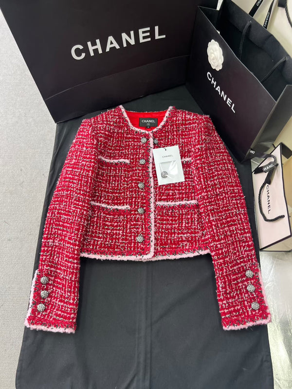 CC 25 Pink and Black Woven Trim Red Wool Jacket Skirt Pants Set