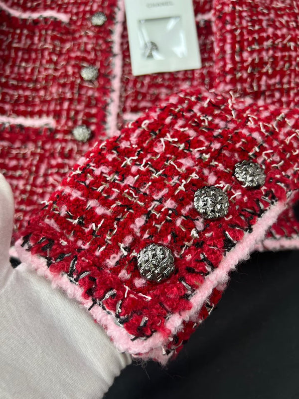 CC 25 Pink and Black Woven Trim Red Wool Jacket Skirt Pants Set