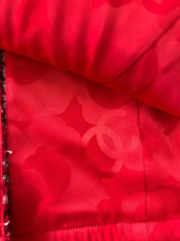 CC 25 Pink and Black Woven Trim Red Wool Jacket Skirt Pants Set
