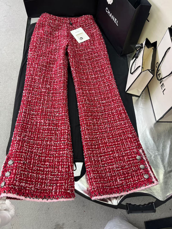CC 25 Pink and Black Woven Trim Red Wool Jacket Skirt Pants Set