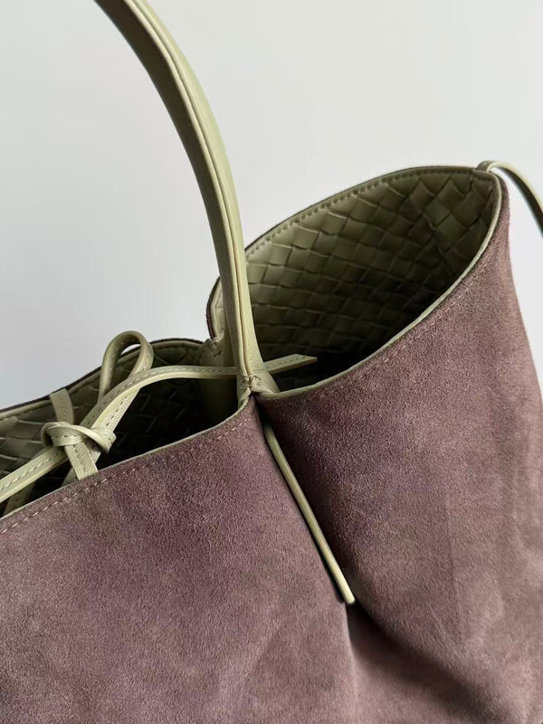 BV Reversible Tote Bag 43cm Intreccio Pistachio Green Chocolate Calfskin Suede