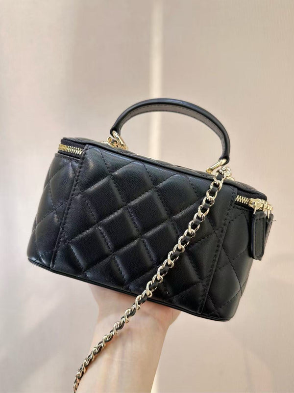 CC Mirror Vanity Case Top Handle Chain Strap Black Calfskin GHW