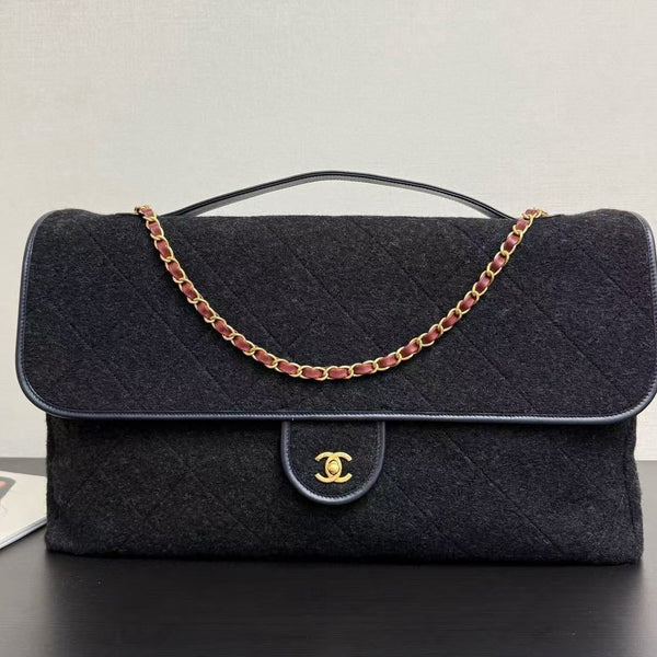 CC 2025 Maxi Flap Bag With Top Handle 56cm Black Wool Leather