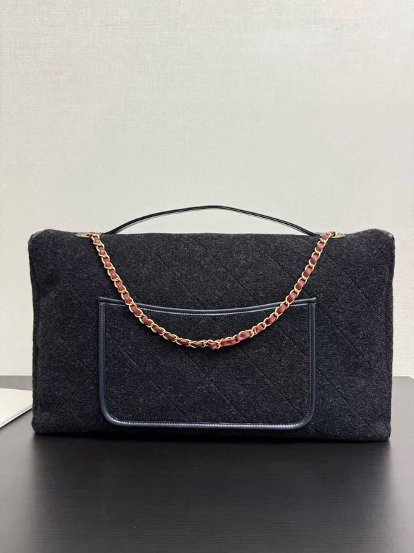CC 2025 Maxi Flap Bag With Top Handle 56cm Black Wool Leather