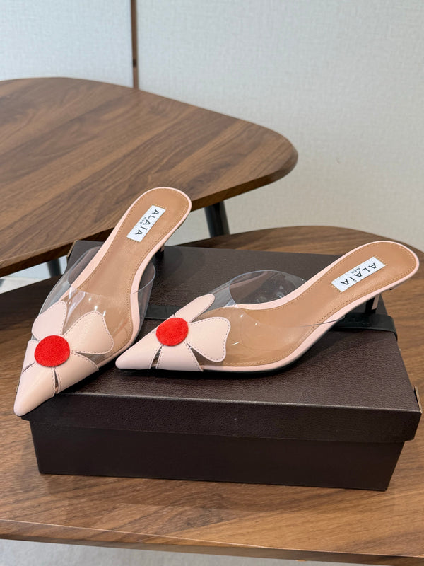 Alaia Round Flower Mules 55mm Cowhide Clear PVC 889940
